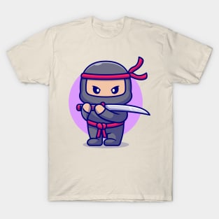 Cute Ninja With Sword Cartoon T-Shirt